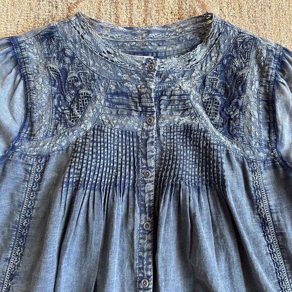 Sundance Cotton Boho Peasant Blouse Prairie Romantic Indigo Blue Women L - Picture 3 of 14